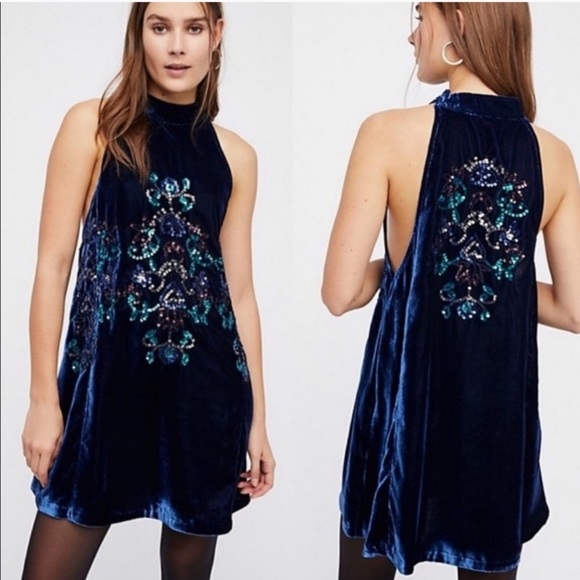 Free People Navy Velvet & Sequin Dress ALine Swing - Picture 3 of 9